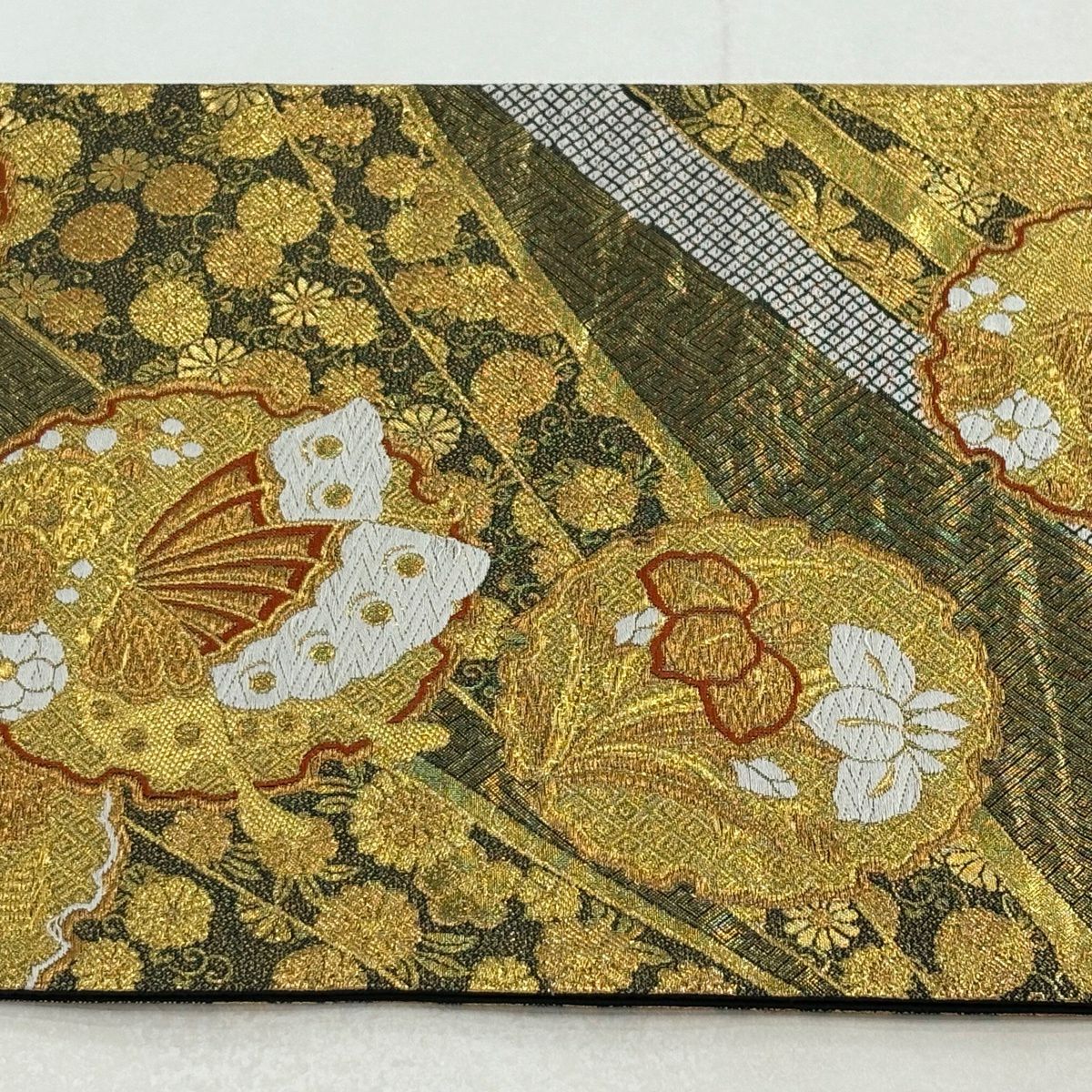 【美品】 袋帶 秀品級 雪輪 蝶 金絲 金金箔 金 六通 純蠶絲