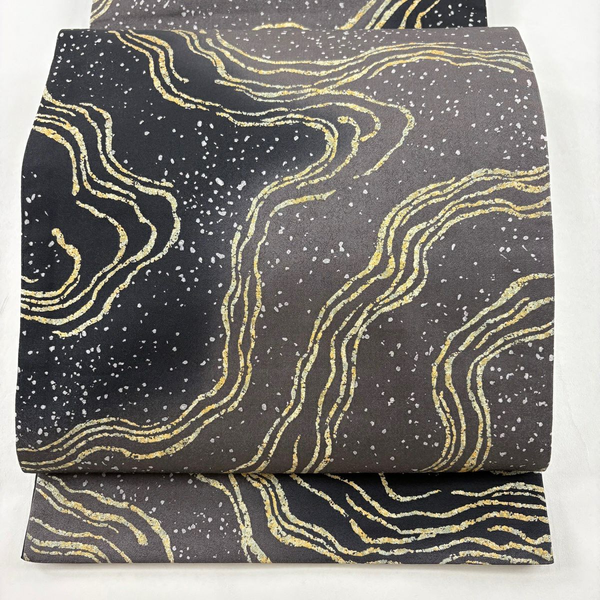【美品】 袋帶 秀品級 幾何學 金銀彩 黑灰 全通 純蠶絲