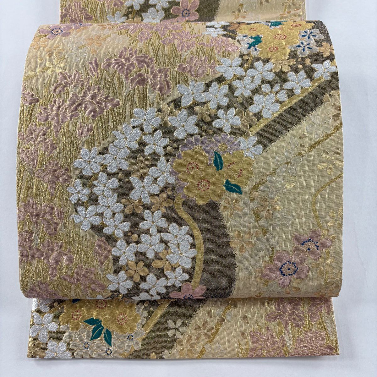 【美品】 袋帶 秀品級 花 流水 金絲 金金箔 金色 六通 純蠶絲