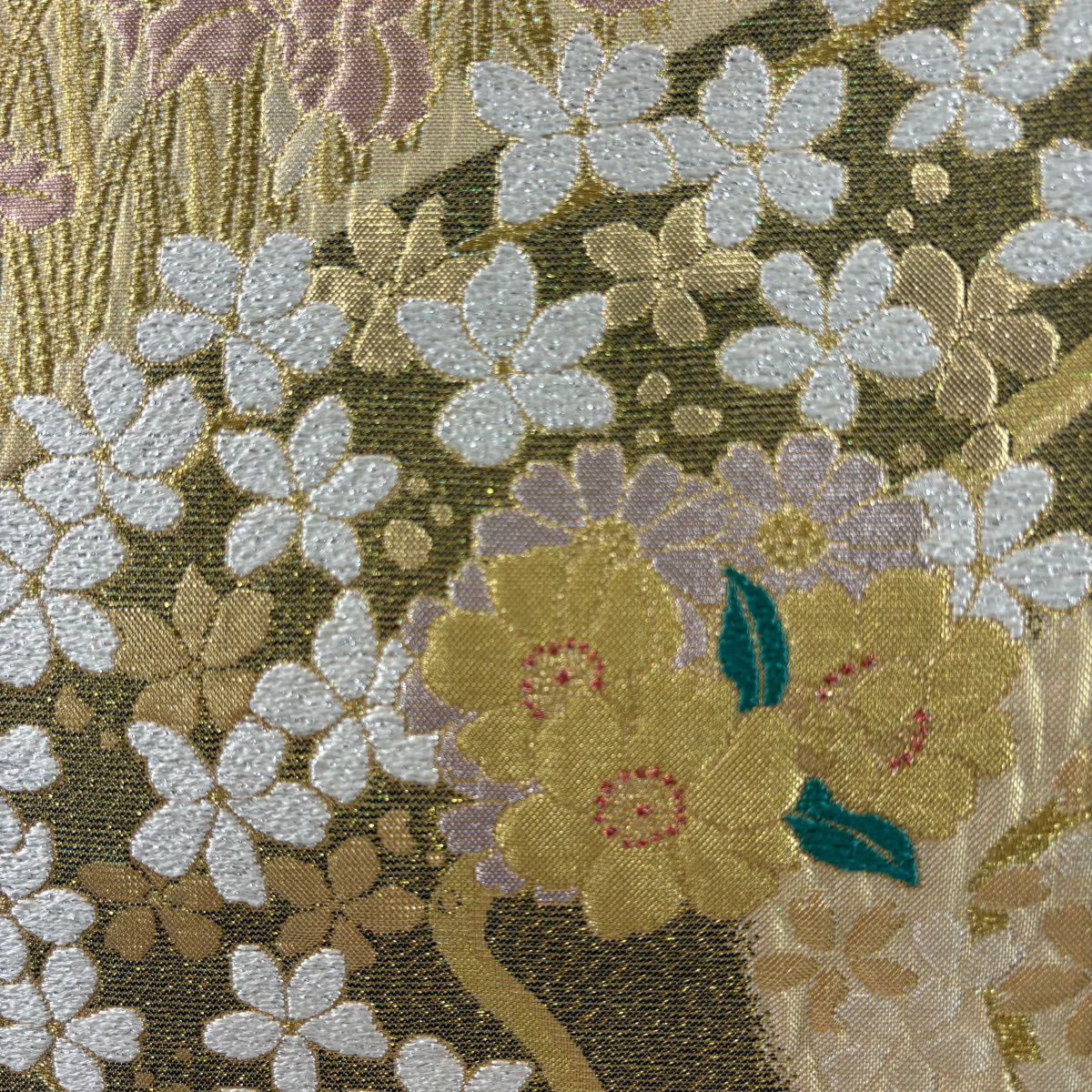 【美品】 袋帶 秀品級 花 流水 金絲 金金箔 金色 六通 純蠶絲