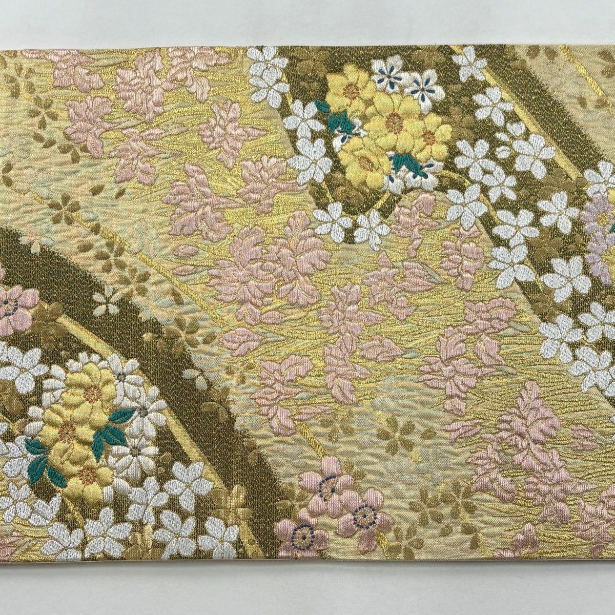 【美品】 袋帶 秀品級 花 流水 金絲 金金箔 金色 六通 純蠶絲