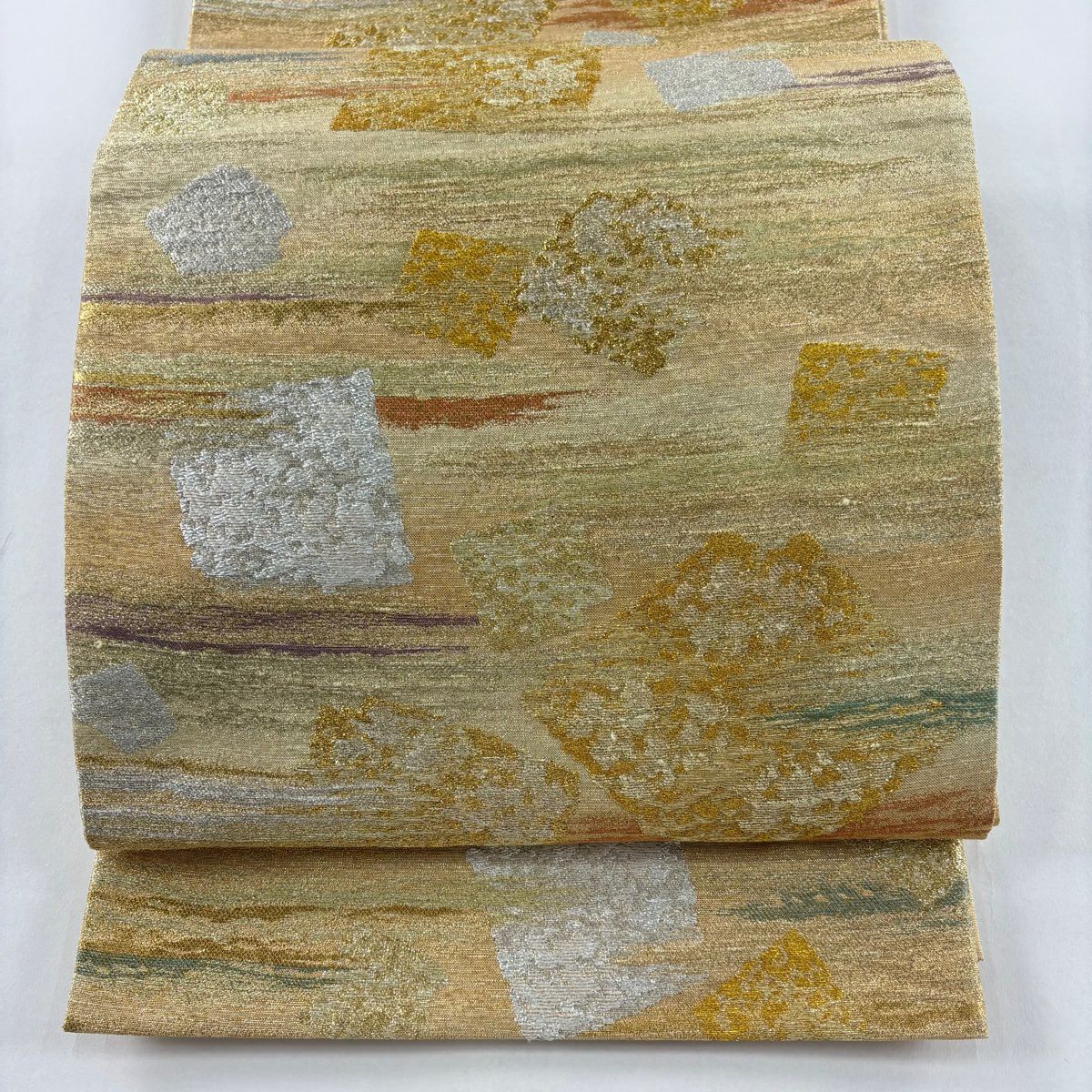 【美品】 袋帶 秀品級 破裂色紙 霞 金銀絲 金金箔 金色 六通 純蠶絲