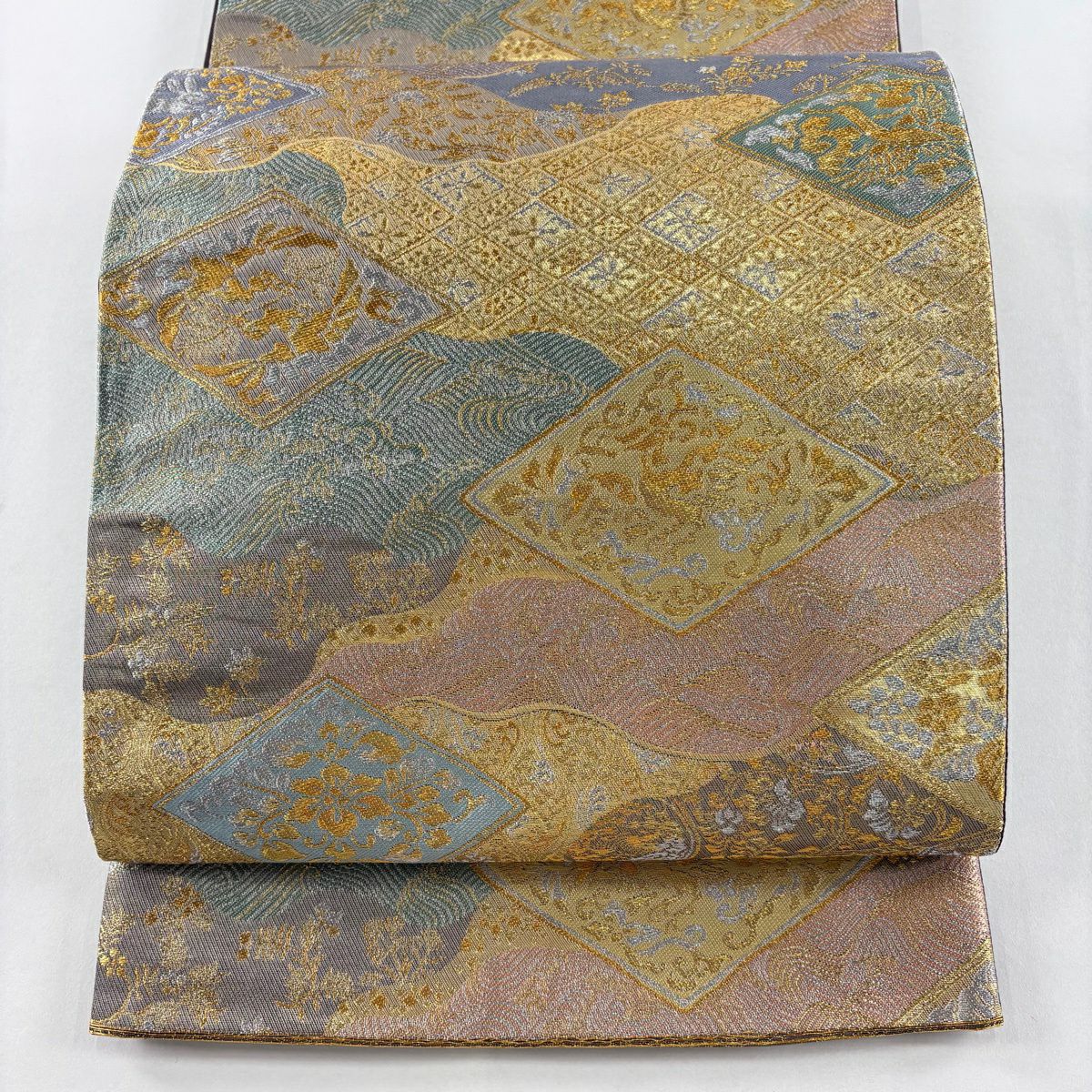 【美品】 袋帶 秀品級 菱 花鳥 金銀彩 金色 六通 純蠶絲