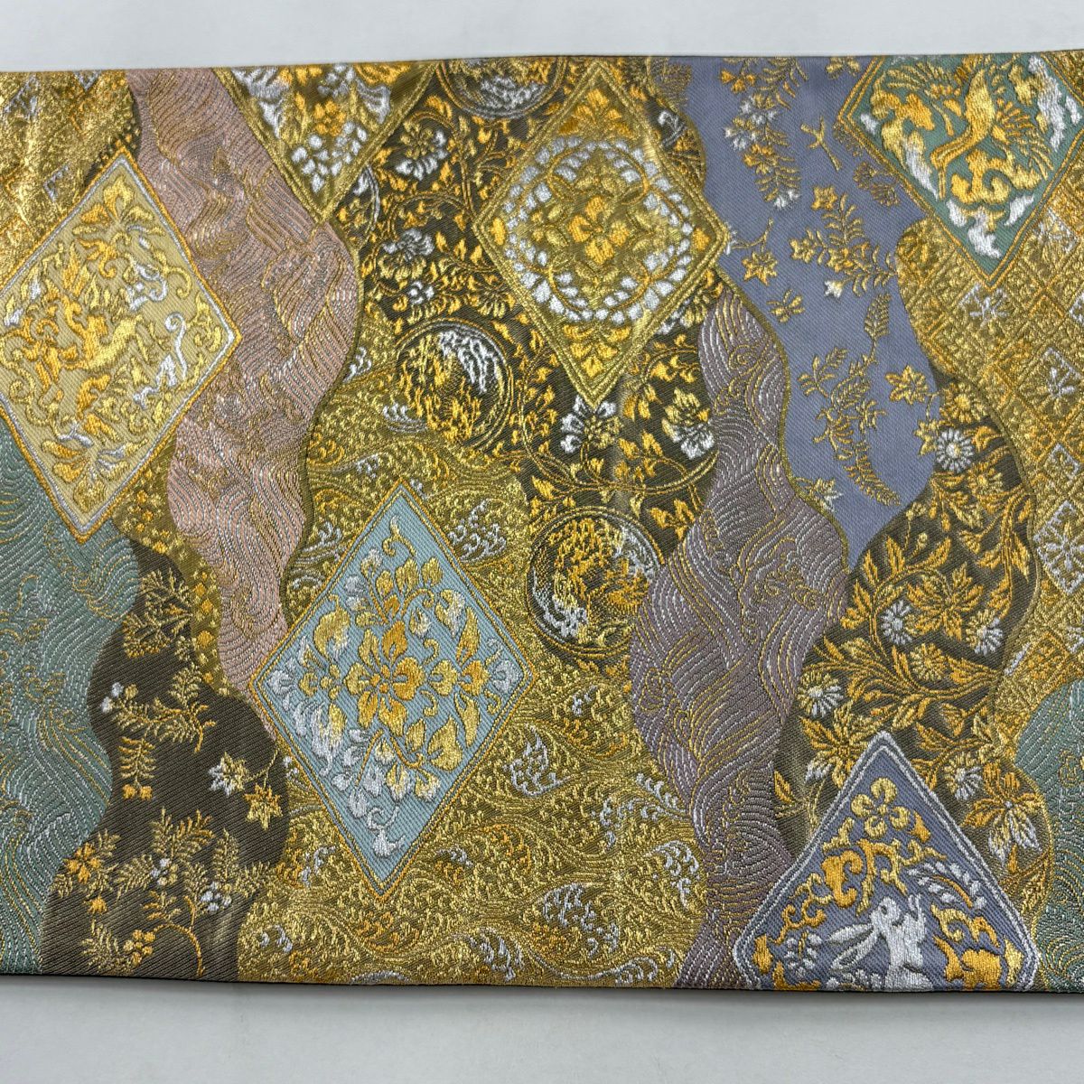 【美品】 袋帶 秀品級 菱 花鳥 金銀彩 金色 六通 純蠶絲