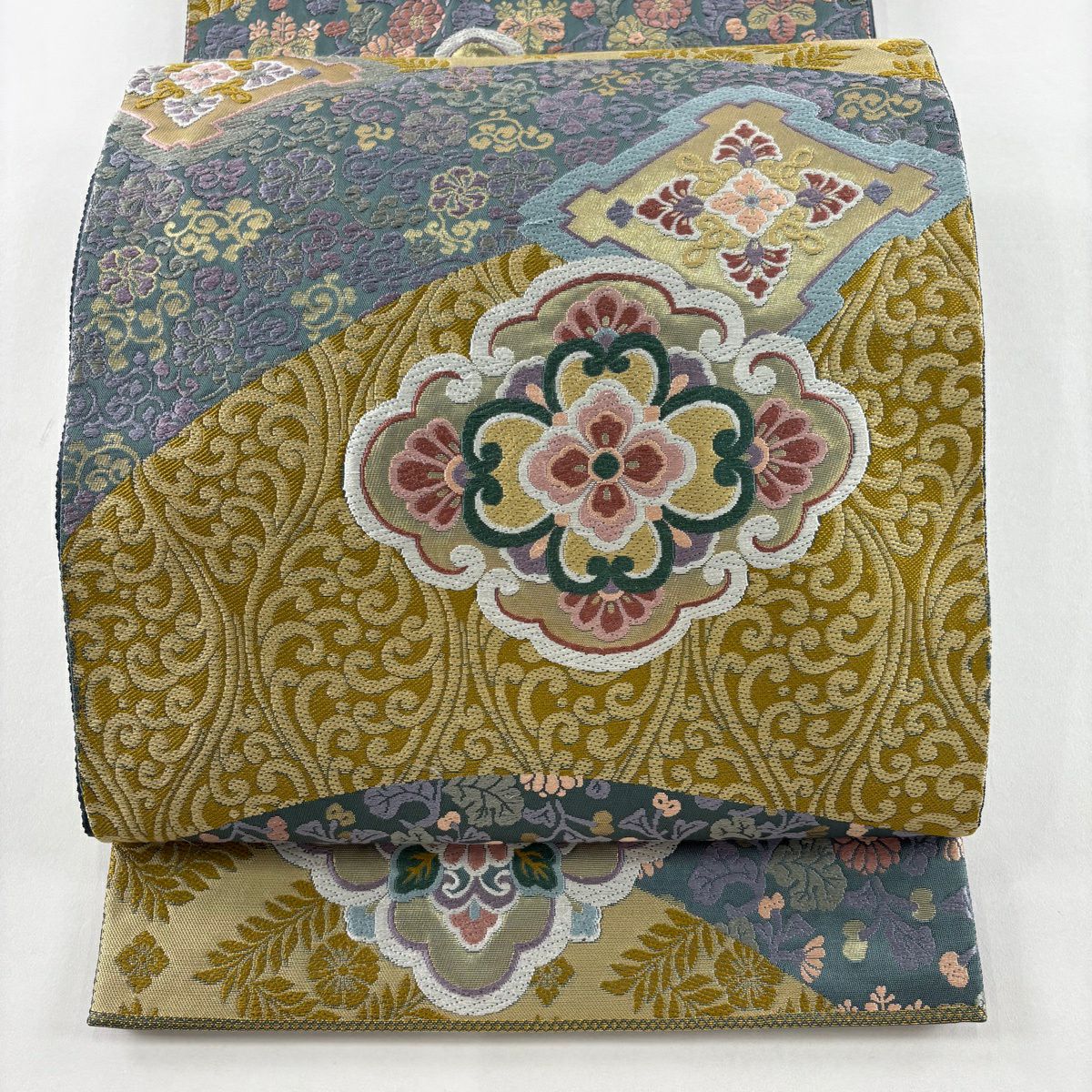 袋帶 秀品級 華紋 花唐草紋 金金箔 唐織 灰綠 六通 純蠶絲