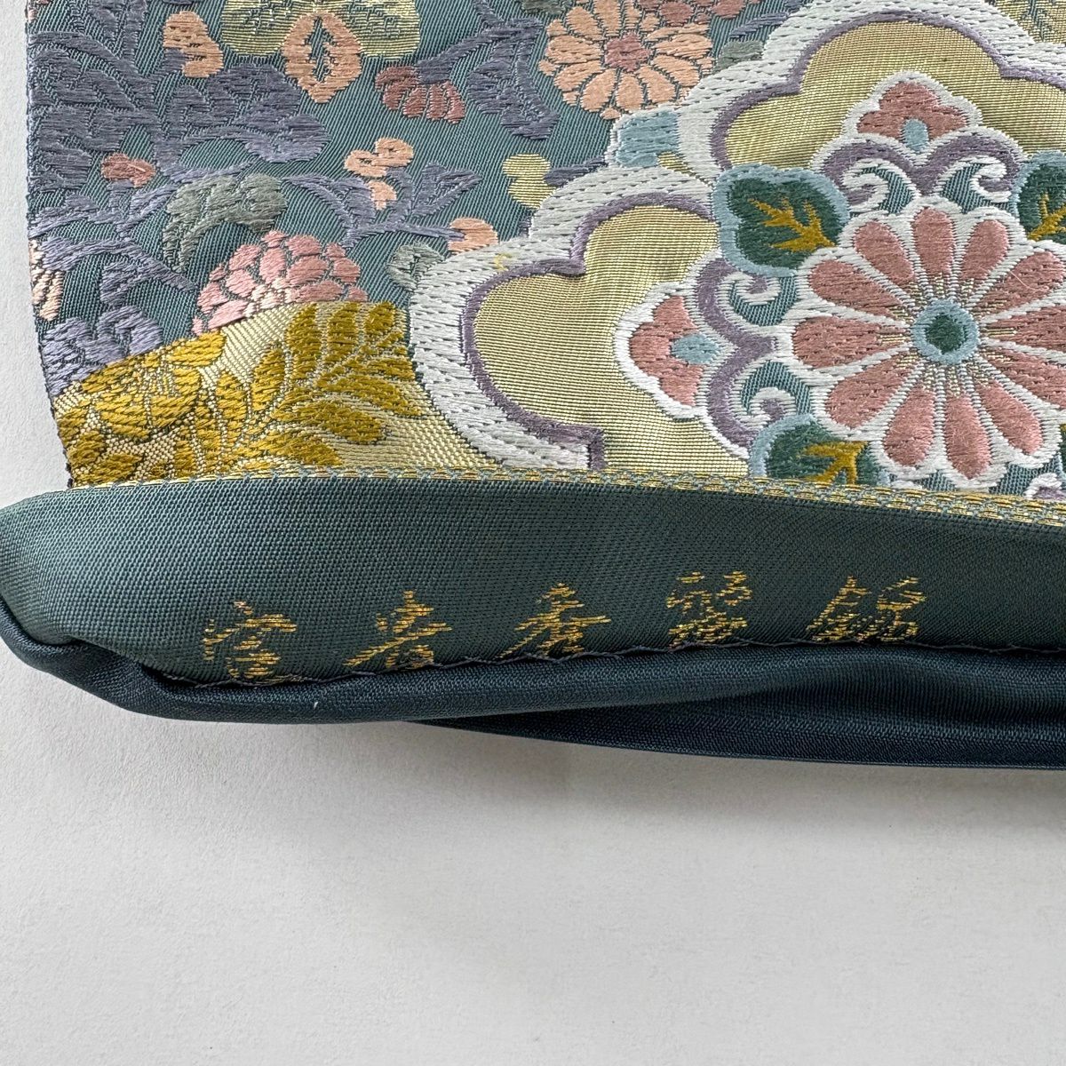 袋帶 秀品級 華紋 花唐草紋 金金箔 唐織 灰綠 六通 純蠶絲