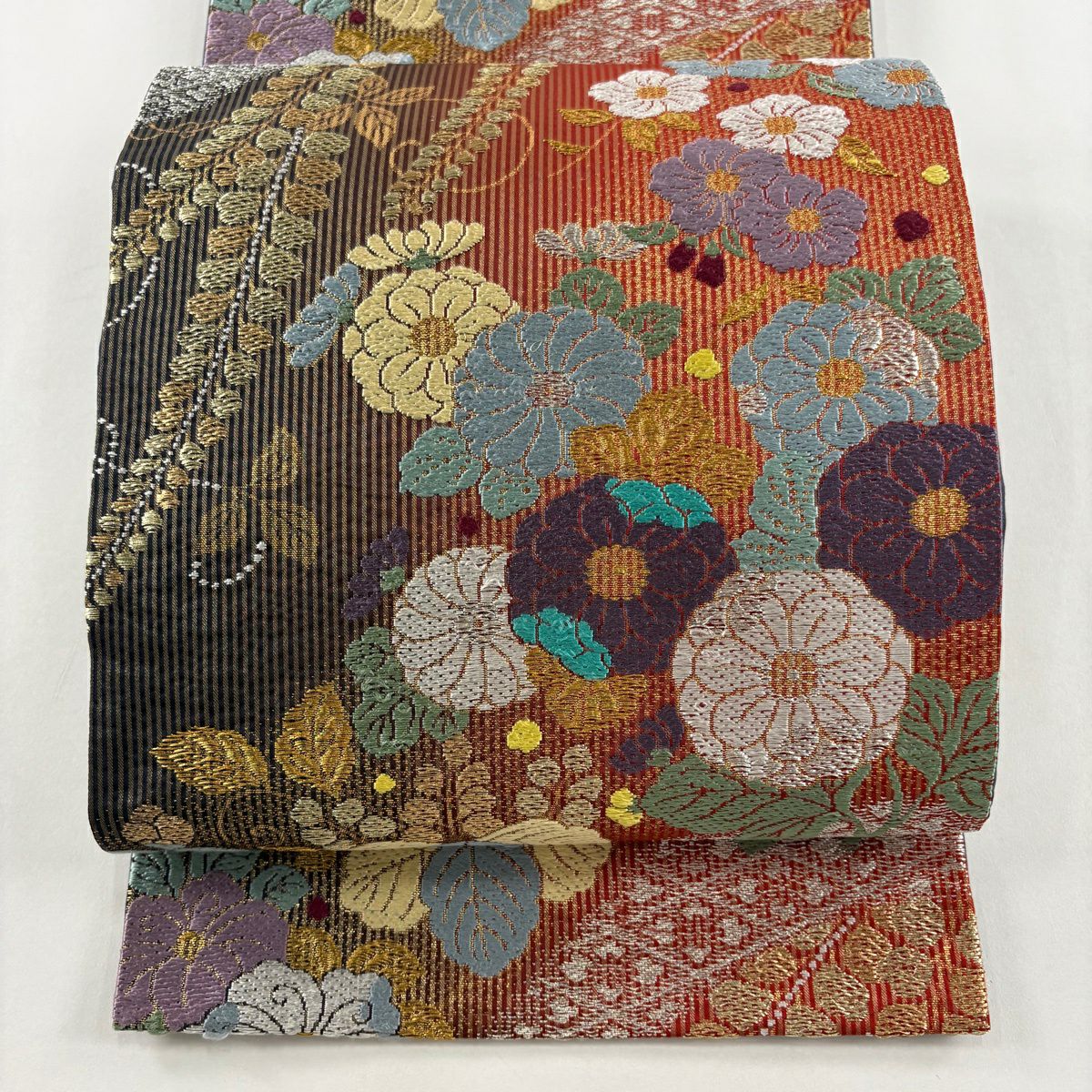 袋帶 秀品級 草花紋紋 花菱 金銀彩 金金箔 茜 深藍 六通 純蠶絲
