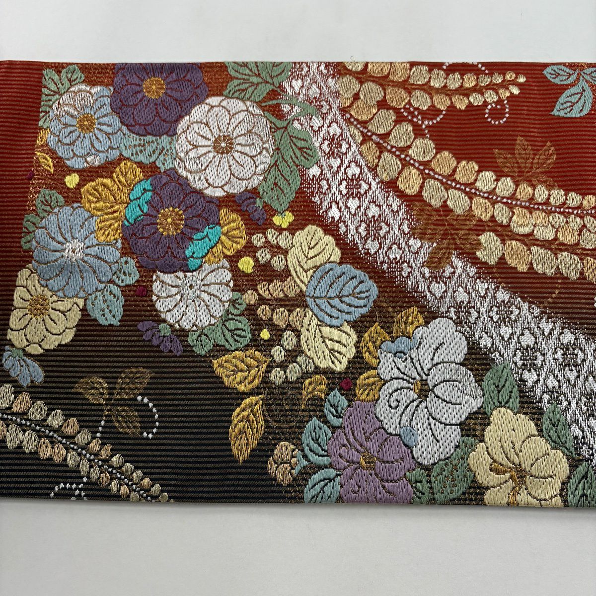 袋帶 秀品級 草花紋紋 花菱 金銀彩 金金箔 茜 深藍 六通 純蠶絲