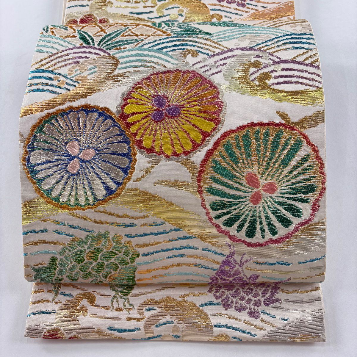 袋帶 秀品級 波 松樹梅花 金銀糸 金金箔 奶油 六通 純蠶絲