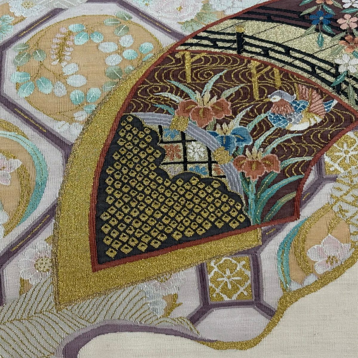 袋帶 秀品級 紬織織 扇子面 鴛鴦 金金箔 米色 大鼓圖案 純蠶絲