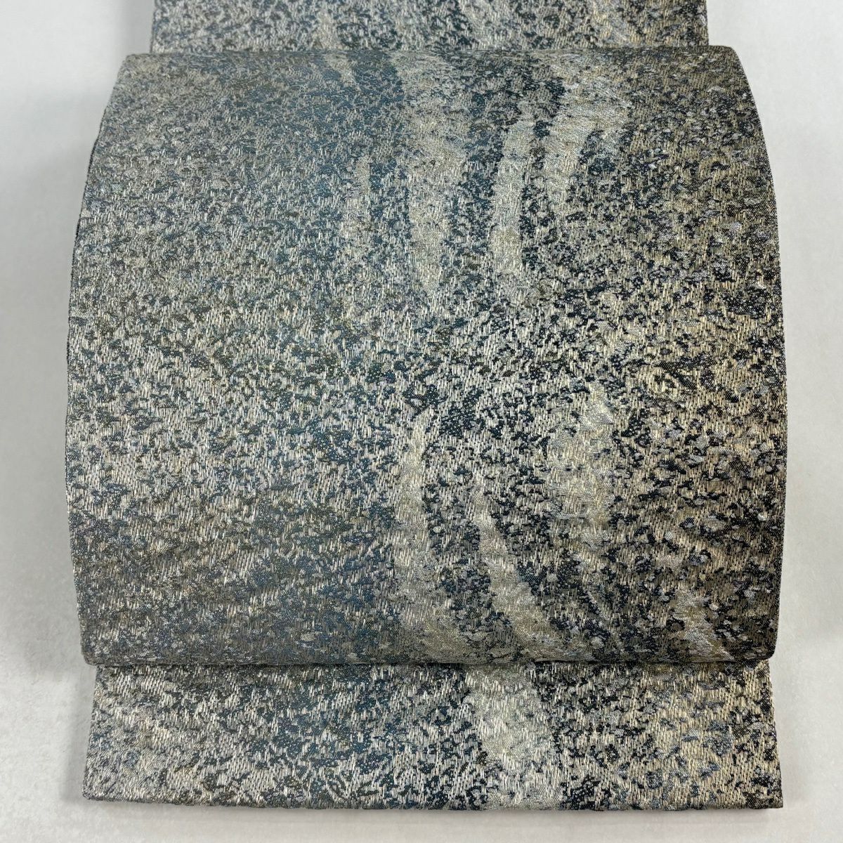 【美品】 袋帶 秀品級 斜條幾何圖案 金銀彩 金金箔 青灰色 全通 純蠶絲