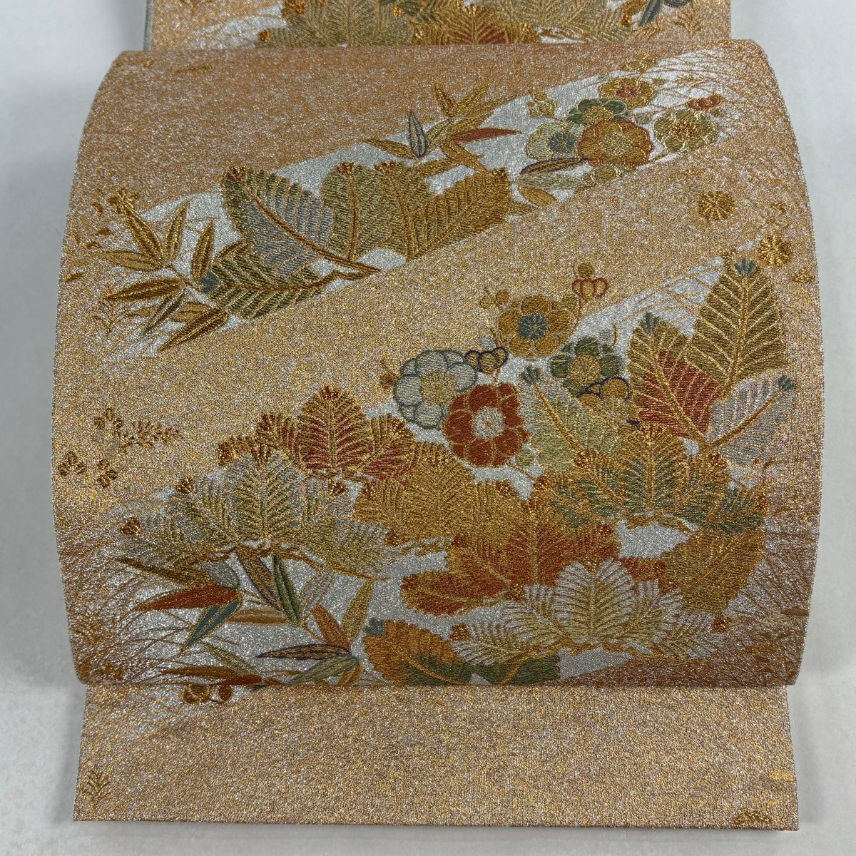 【美品】 袋帶 秀品級 松樹竹子梅花 斜紋 金銀線 金金箔 金色 六通 純蠶絲