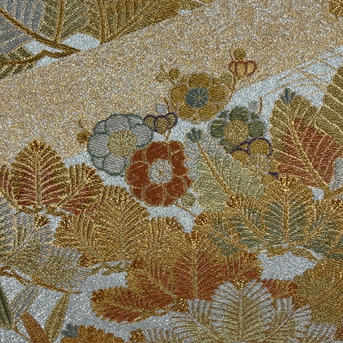 【美品】 袋帶 秀品級 松樹竹子梅花 斜紋 金銀線 金金箔 金色 六通 純蠶絲