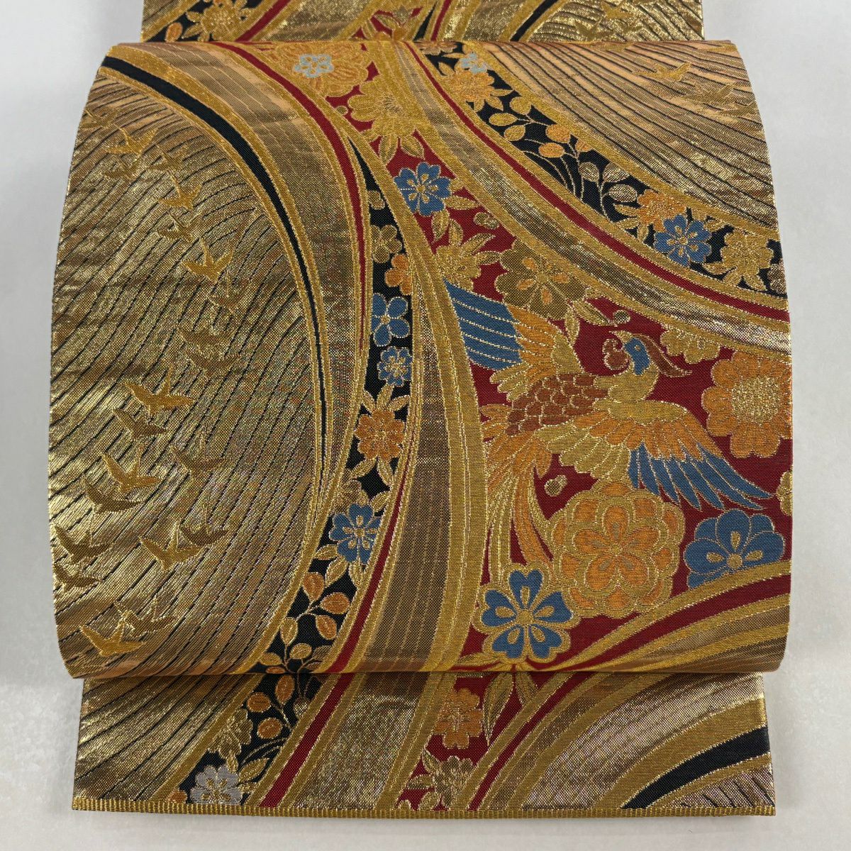 【美品】 袋帶 秀品級 尾長鳥 櫻花 金金箔 金色 六通 純蠶絲
