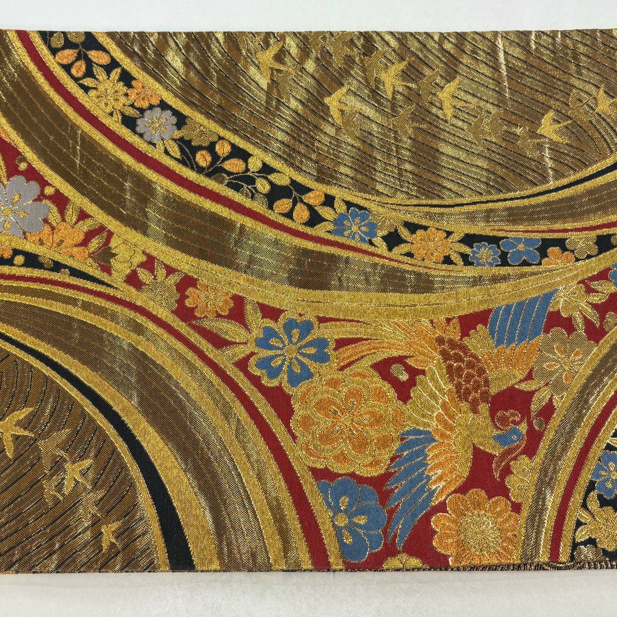 【美品】 袋帶 秀品級 尾長鳥 櫻花 金金箔 金色 六通 純蠶絲