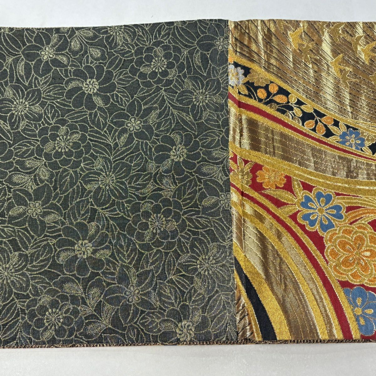 【美品】 袋帶 秀品級 尾長鳥 櫻花 金金箔 金色 六通 純蠶絲
