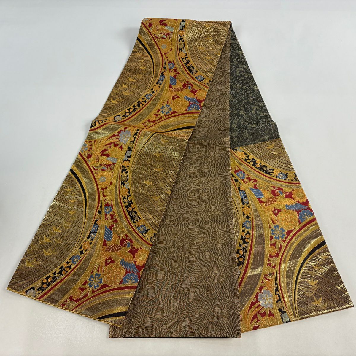 【美品】 袋帶 秀品級 尾長鳥 櫻花 金金箔 金色 六通 純蠶絲
