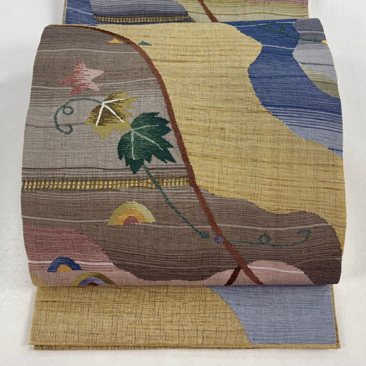 【美品】 袋帶 秀品級 紬織織 蔦 道長取 米色 大鼓圖案 純蠶絲