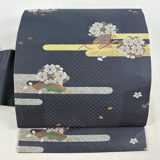 【美品】 名古屋帶 秀品級 櫻花 扇子子 金金箔 唐織 青灰 純蠶絲