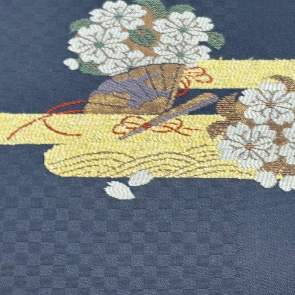 【美品】 名古屋帶 秀品級 櫻花 扇子子 金金箔 唐織 青灰 純蠶絲