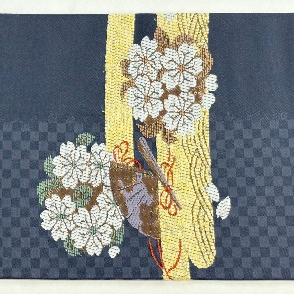 【美品】 名古屋帶 秀品級 櫻花 扇子子 金金箔 唐織 青灰 純蠶絲