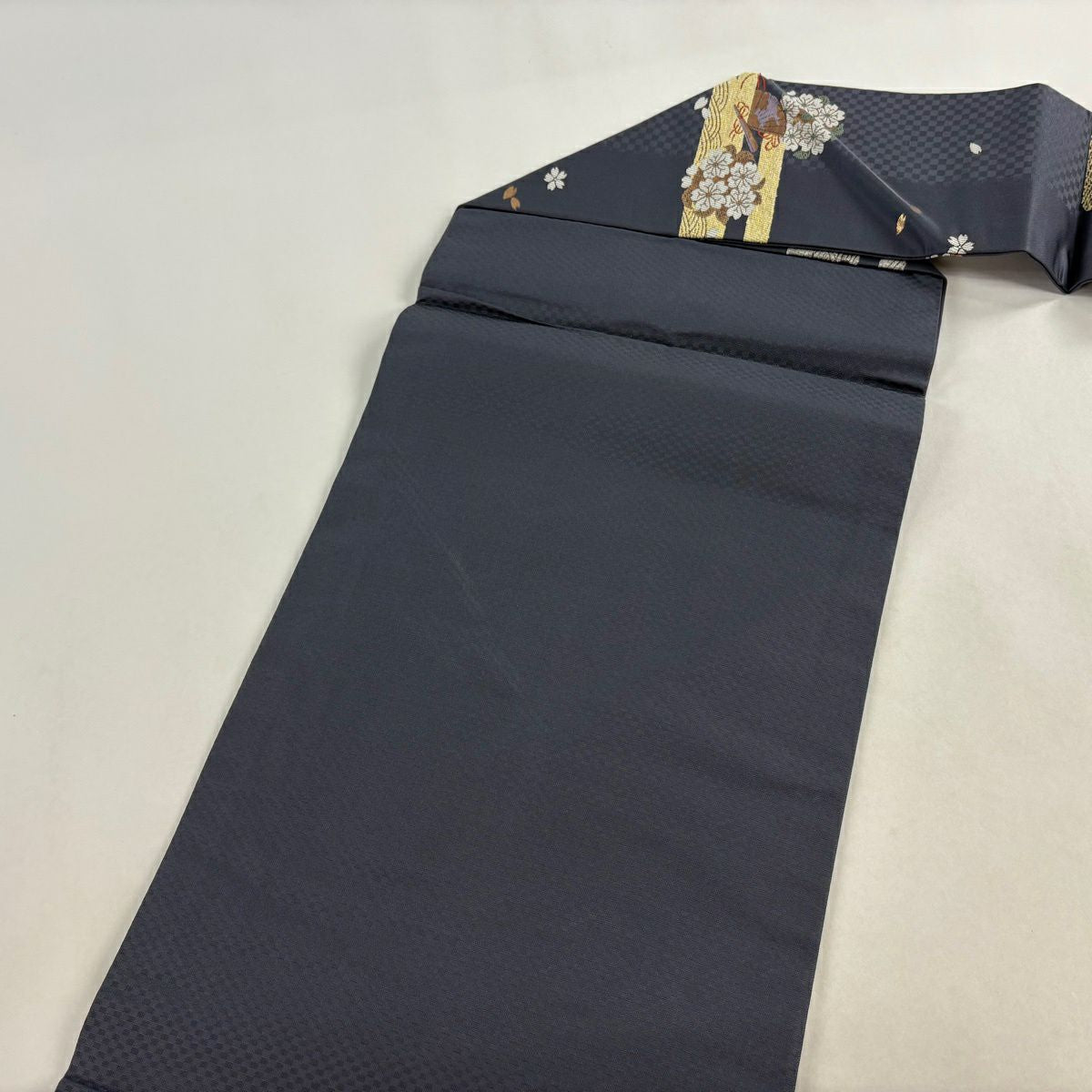 【美品】 名古屋帶 秀品級 櫻花 扇子子 金金箔 唐織 青灰 純蠶絲