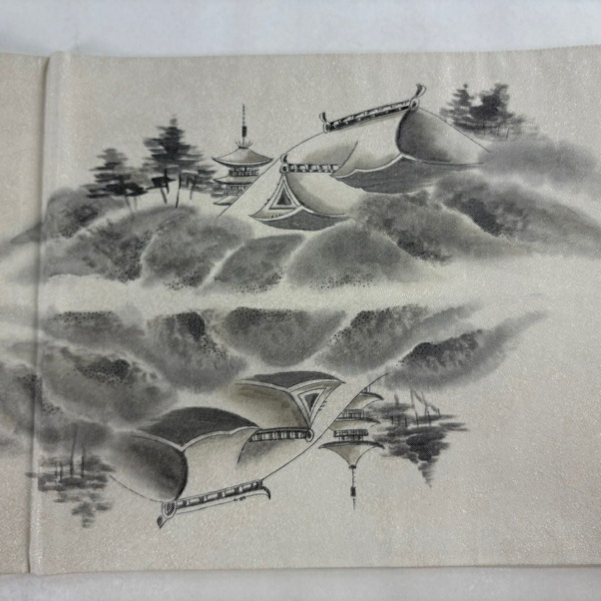 袋帶 秀品級 附落款 清水寺 松樹 金金箔 奶油色 大鼓圖案 純蠶絲