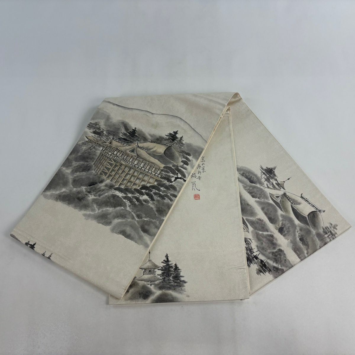 袋帶 秀品級 附落款 清水寺 松樹 金金箔 奶油色 大鼓圖案 純蠶絲