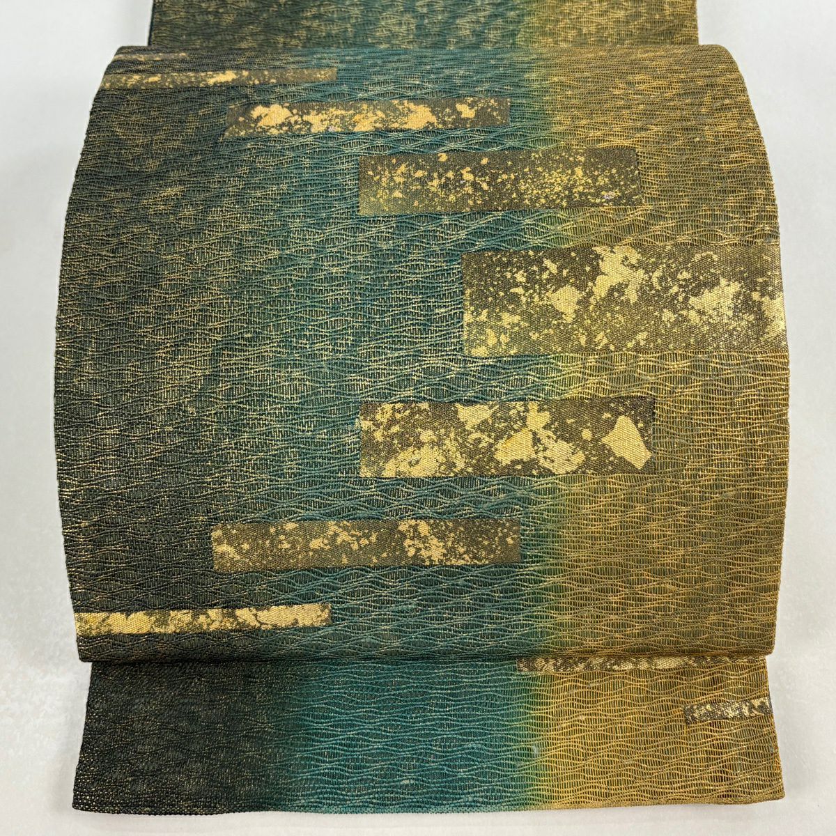 【美品】 袋帶 秀品級 附落款 幾何學圖案 漸變圖案 金彩裝飾 綠色 大鼓圖案 純蠶絲
