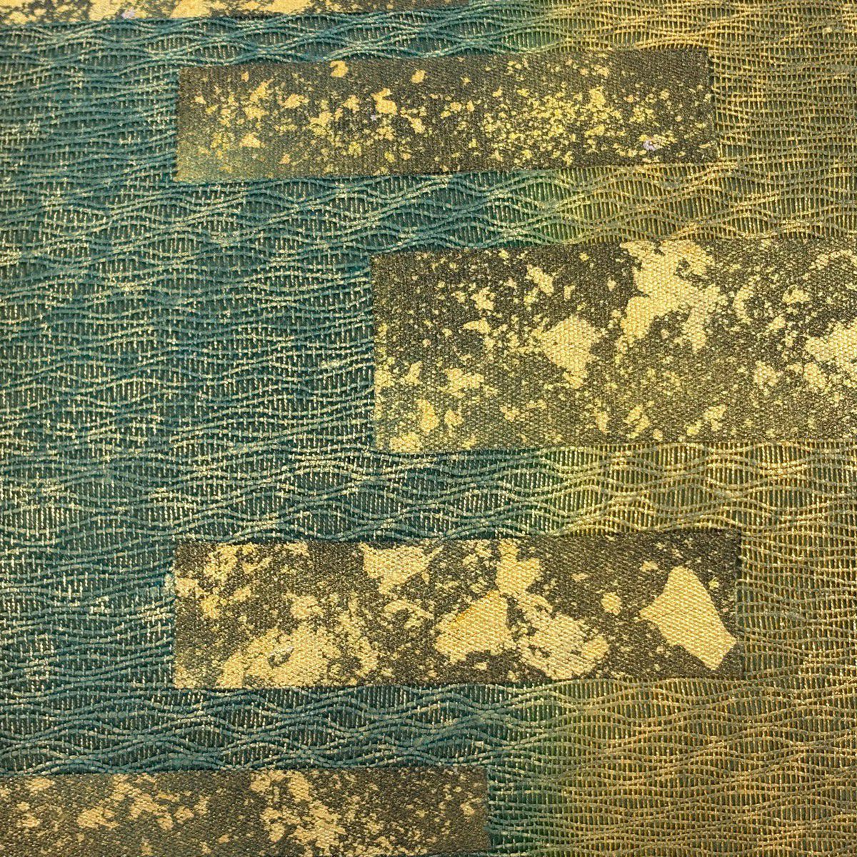 【美品】 袋帶 秀品級 附落款 幾何學圖案 漸變圖案 金彩裝飾 綠色 大鼓圖案 純蠶絲