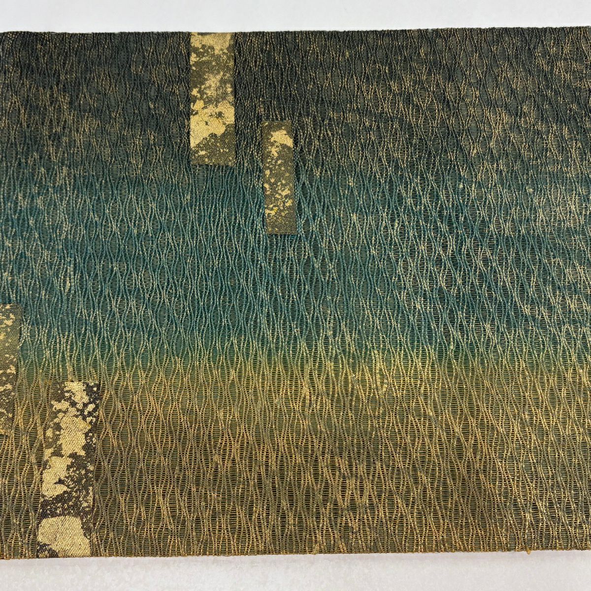 【美品】 袋帶 秀品級 附落款 幾何學圖案 漸變圖案 金彩裝飾 綠色 大鼓圖案 純蠶絲