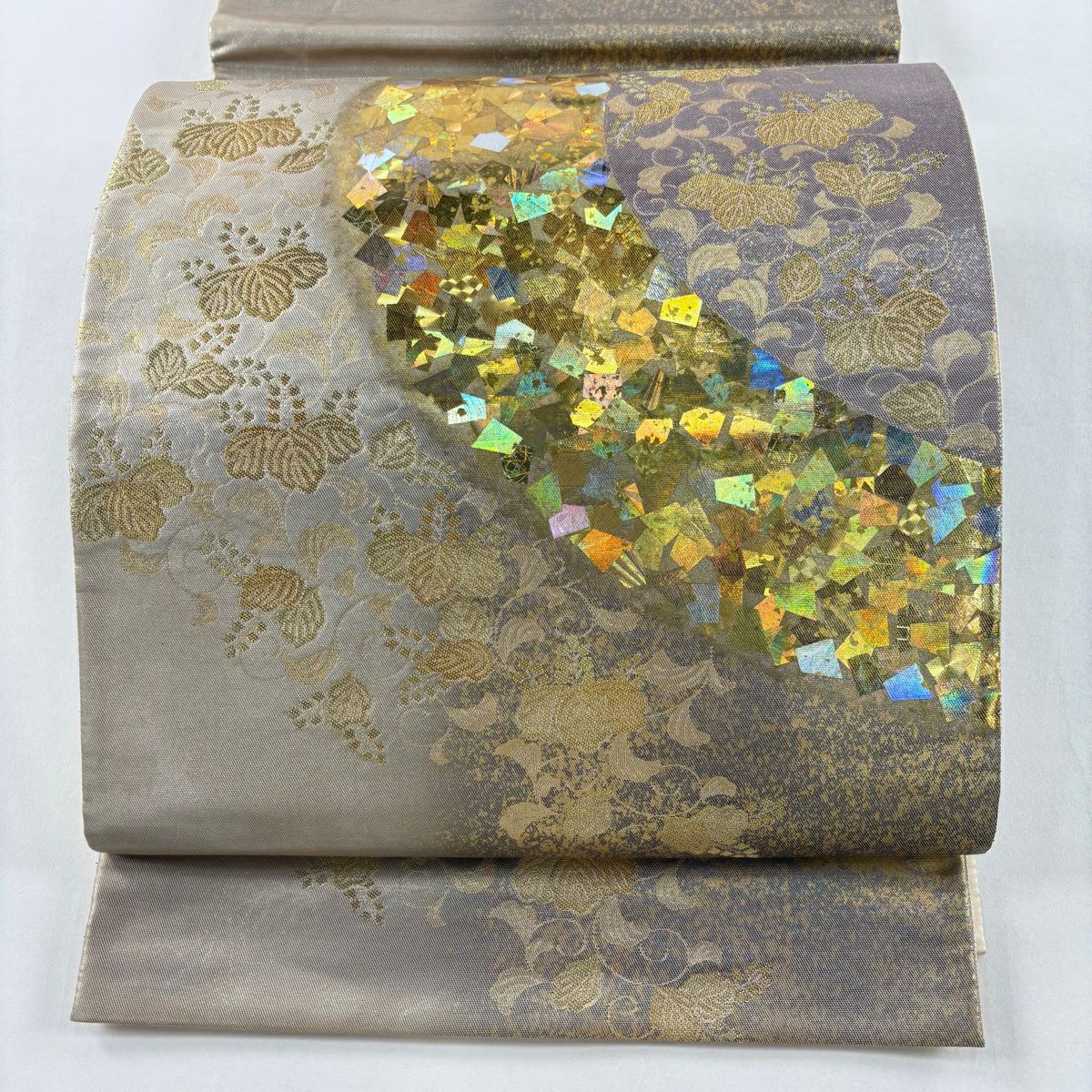 袋帶 秀品級 堀省平 落款あり 桐唐草紋 金螺織 灰紫 お太鼓柄 純蠶絲