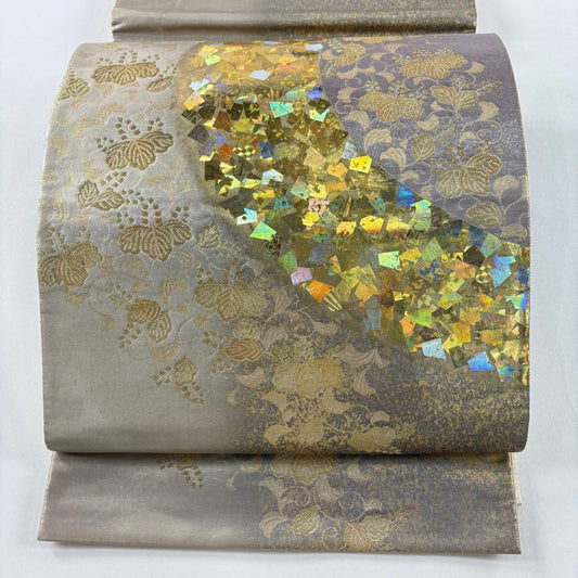 袋帶 秀品級 堀省平 落款あり 桐唐草紋 金螺織 灰紫 お太鼓柄 純蠶絲