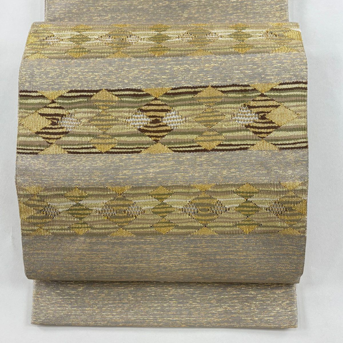 【美品】 袋帶 秀品級 條紋 幾何學 金絲 金金箔 灰色 大鼓圖案 純蠶絲