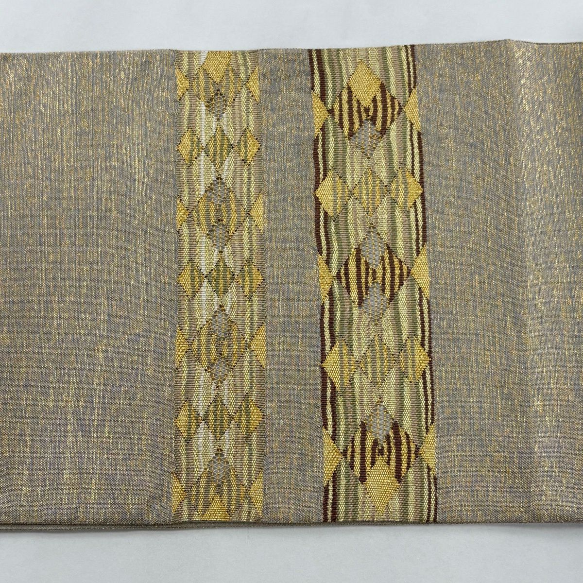 【美品】 袋帶 秀品級 條紋 幾何學 金絲 金金箔 灰色 大鼓圖案 純蠶絲