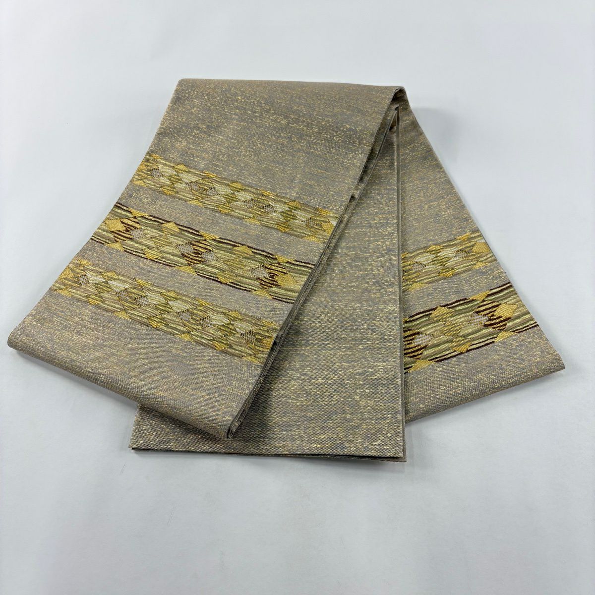 【美品】 袋帶 秀品級 條紋 幾何學 金絲 金金箔 灰色 大鼓圖案 純蠶絲