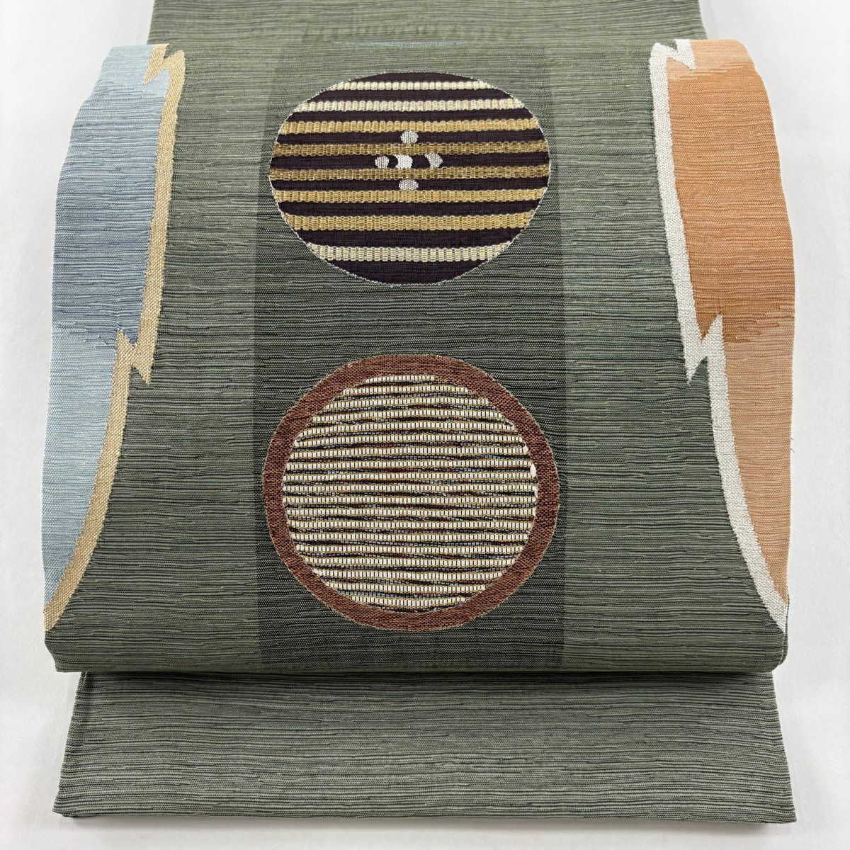 【美品】 袋帶 秀品級 圓 幾何學 金銀絲 灰綠 お太鼓圖案 純蠶絲