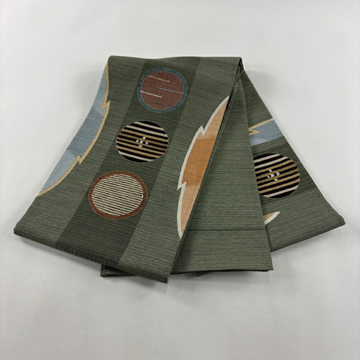 【美品】 袋帶 秀品級 圓 幾何學 金銀絲 灰綠 お太鼓圖案 純蠶絲