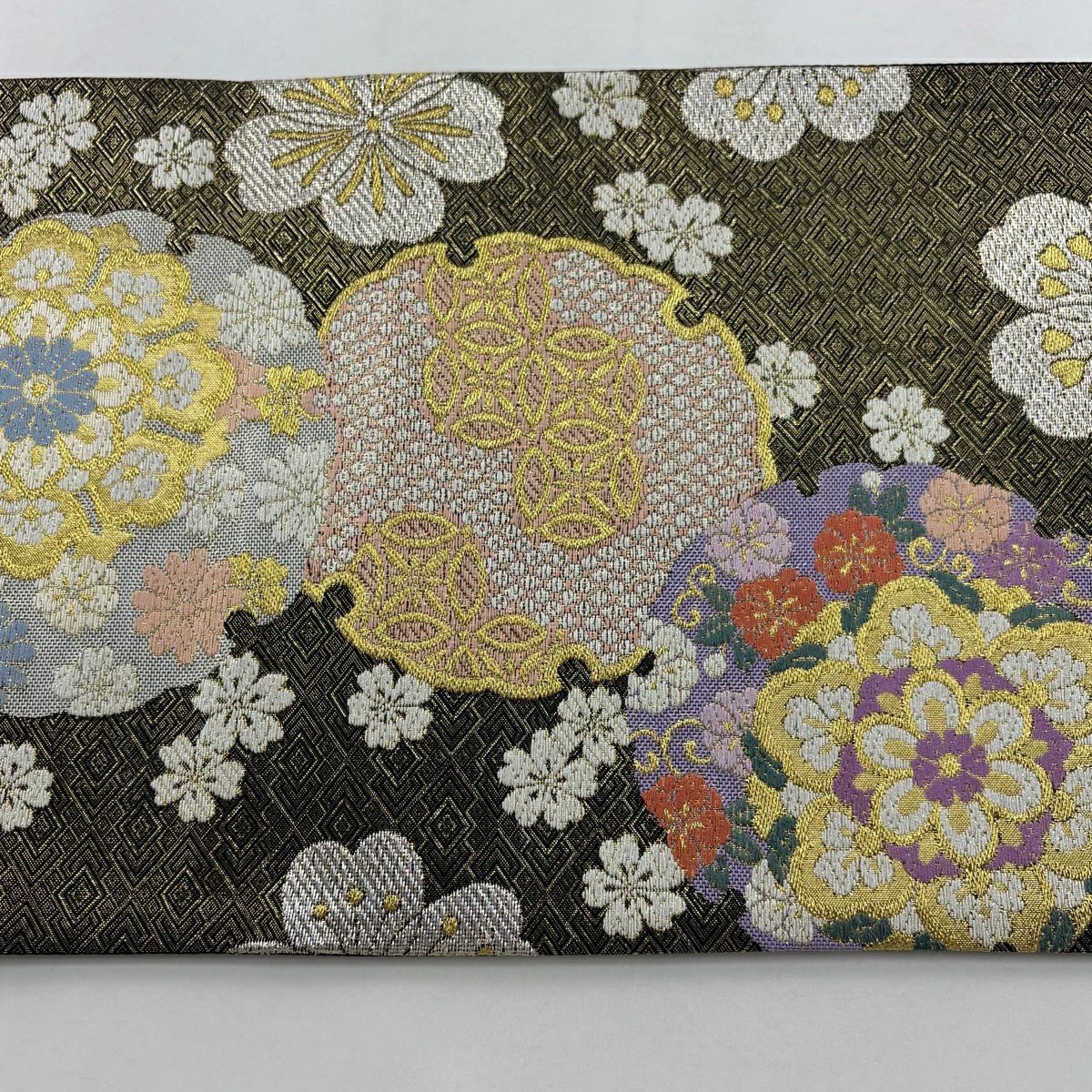【美品】 袋帶 秀品級 雪輪 櫻花 金金箔 黑 六通 純蠶絲
