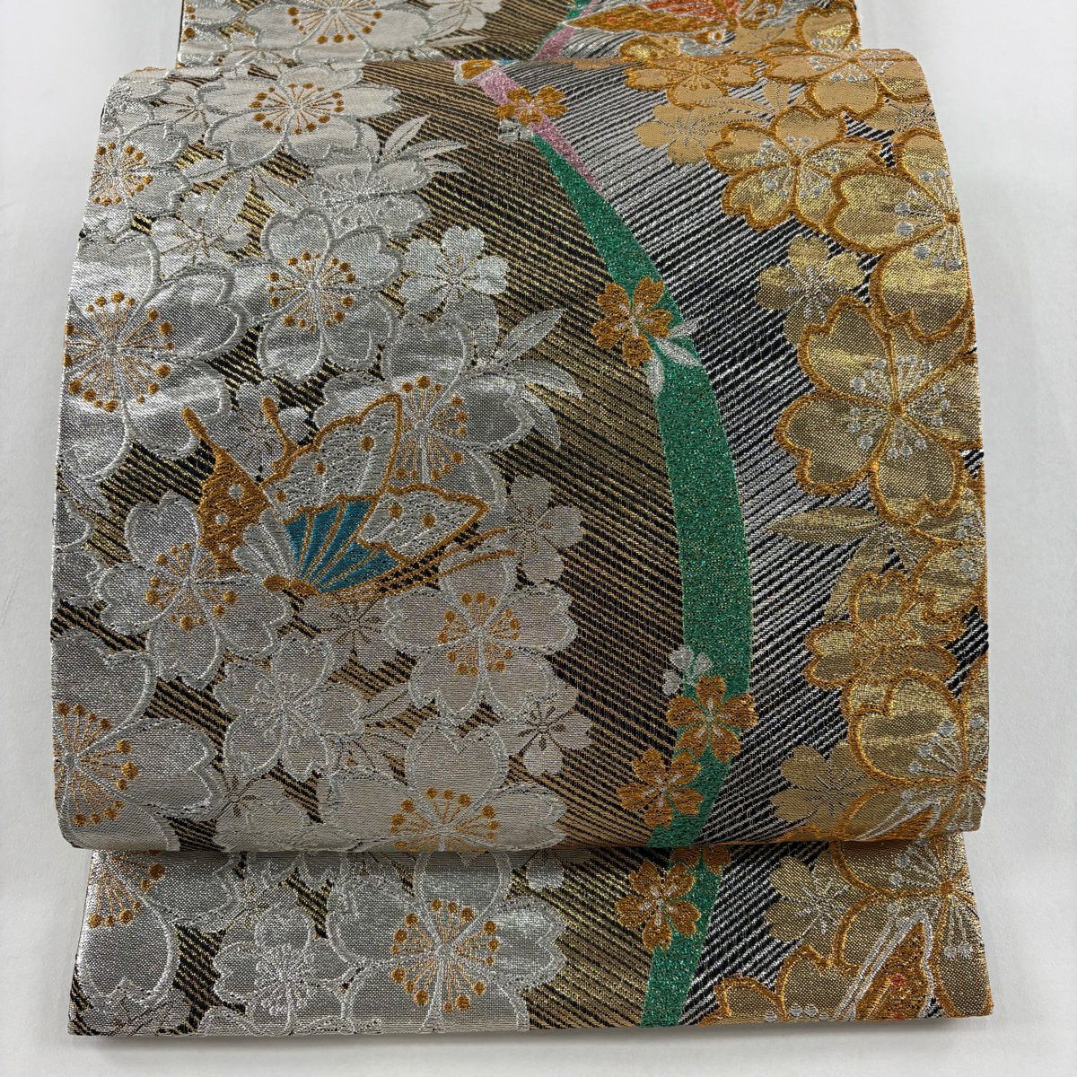 袋帶 秀品級櫻花 蝴蝶 金銀彩 金金箔 銀 六通 純蠶絲