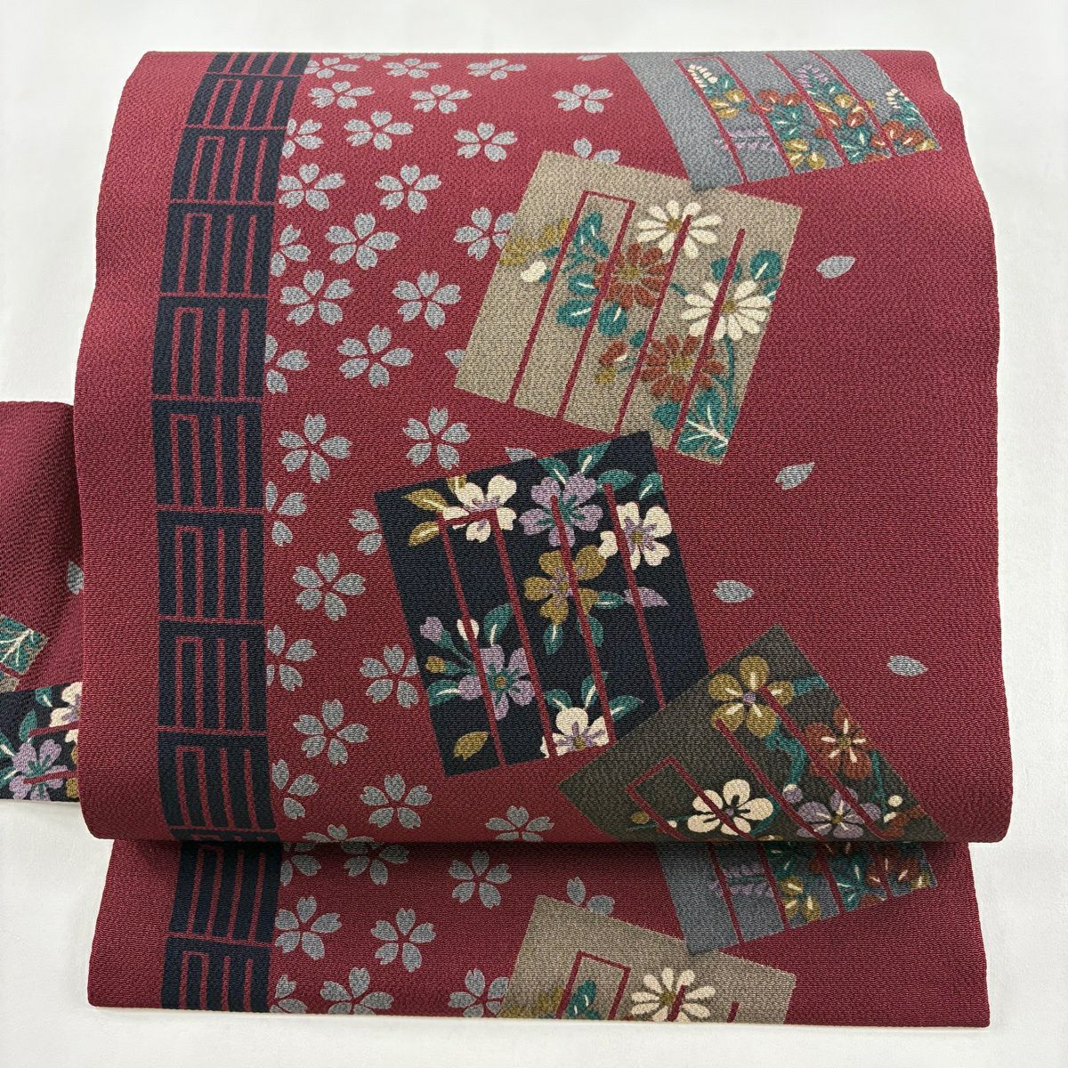 【美品】 名古屋帶 秀品級 源氏香 櫻花 絞織 深紅 純蠶絲