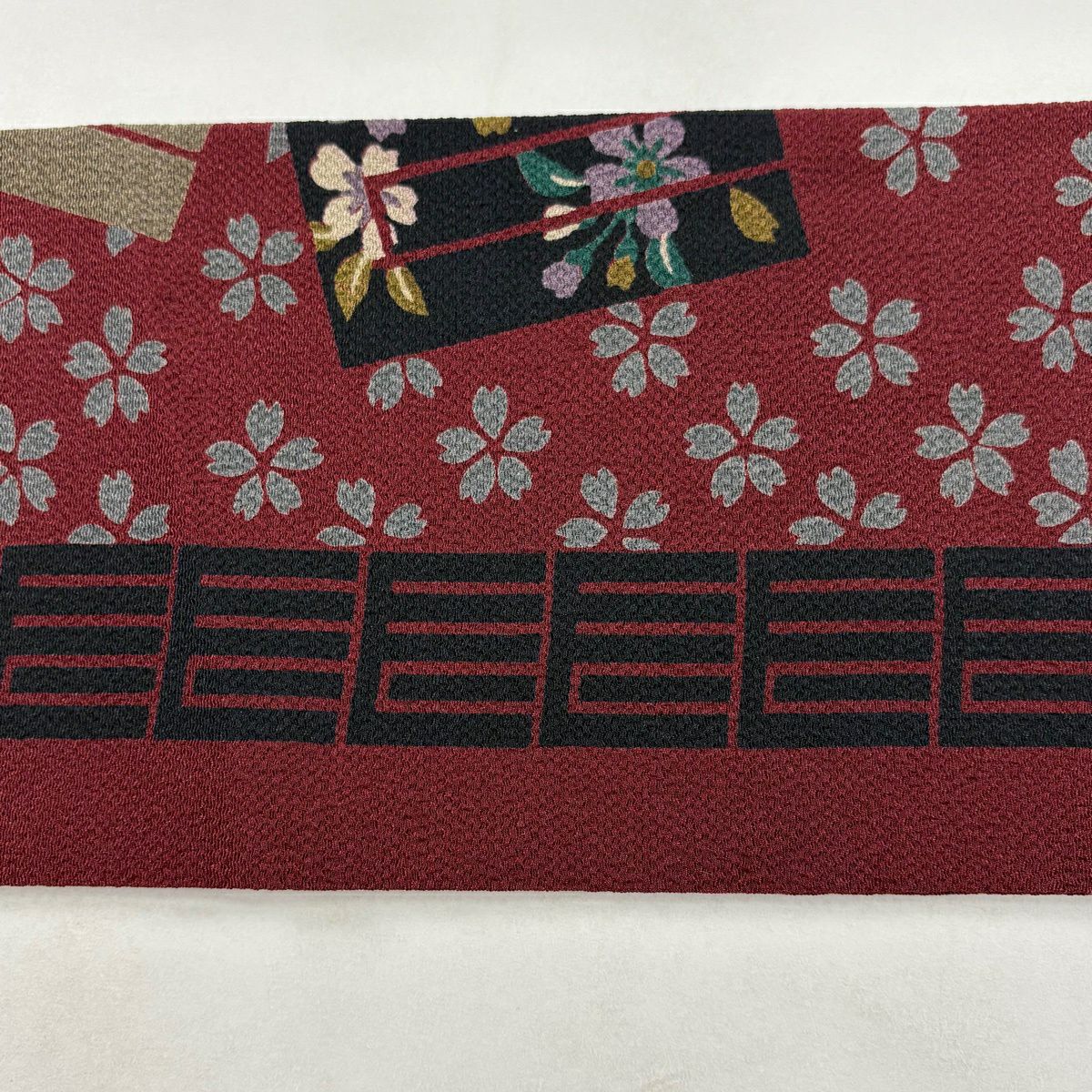 【美品】 名古屋帶 秀品級 源氏香 櫻花 絞織 深紅 純蠶絲