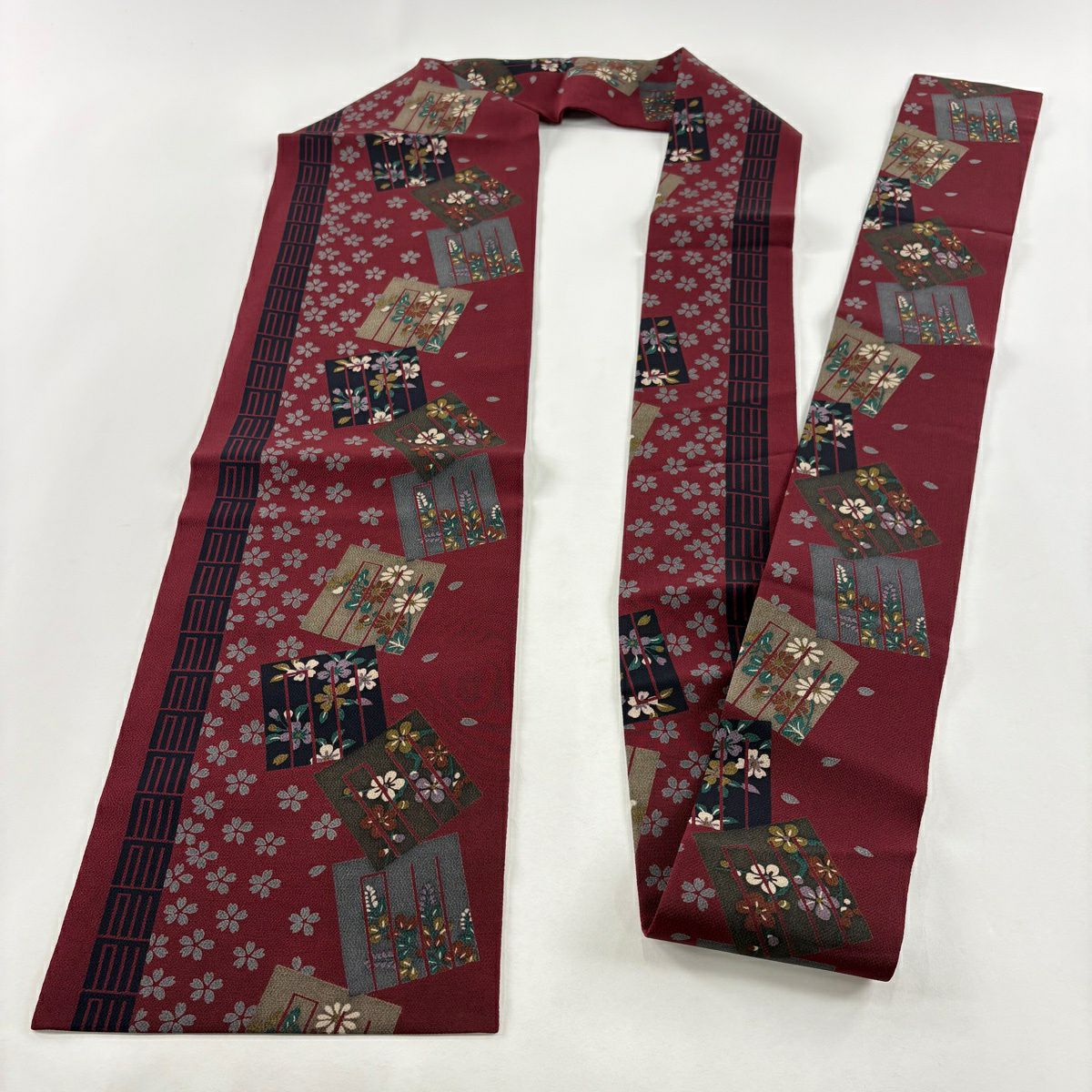 【美品】 名古屋帶 秀品級 源氏香 櫻花 絞織 深紅 純蠶絲