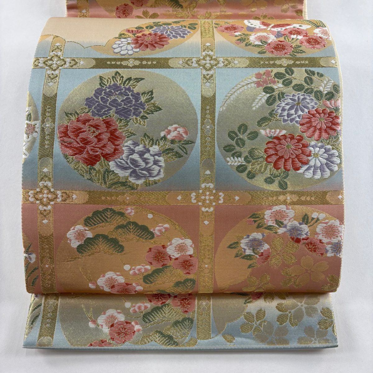 【美品】 袋帶 秀品級 格天井 松樹梅花 金糸 金金箔 淺綠 六通 純蠶絲