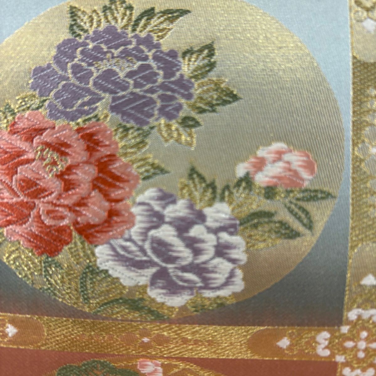【美品】 袋帶 秀品級 格天井 松樹梅花 金糸 金金箔 淺綠 六通 純蠶絲