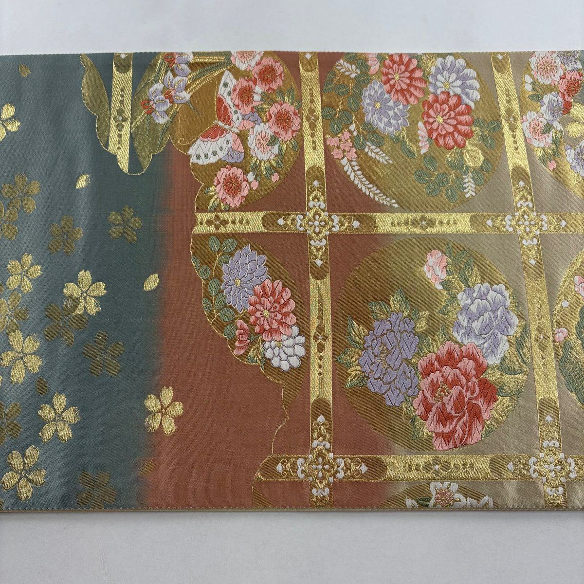 【美品】 袋帶 秀品級 格天井 松樹梅花 金糸 金金箔 淺綠 六通 純蠶絲