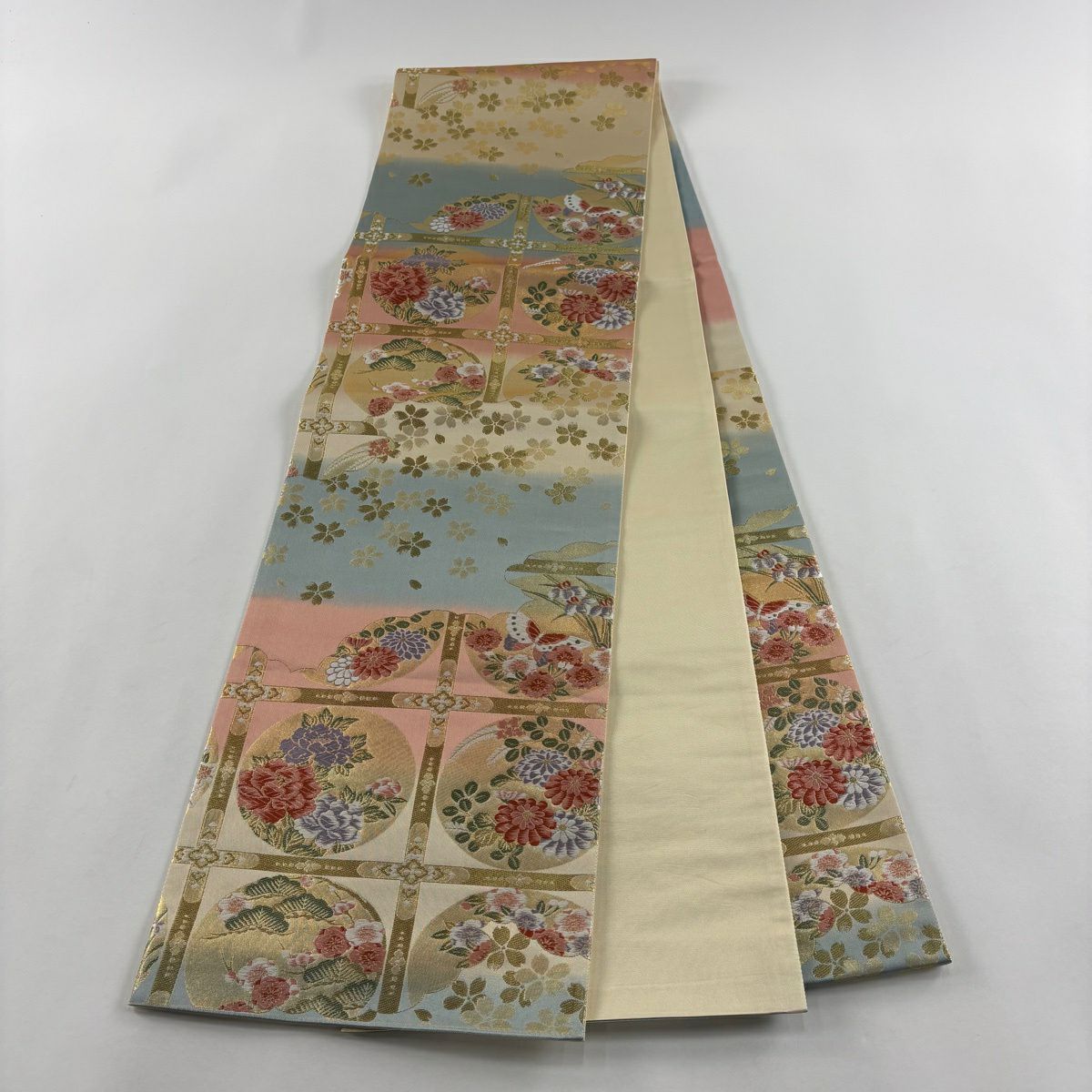 【美品】 袋帶 秀品級 格天井 松樹梅花 金糸 金金箔 淺綠 六通 純蠶絲