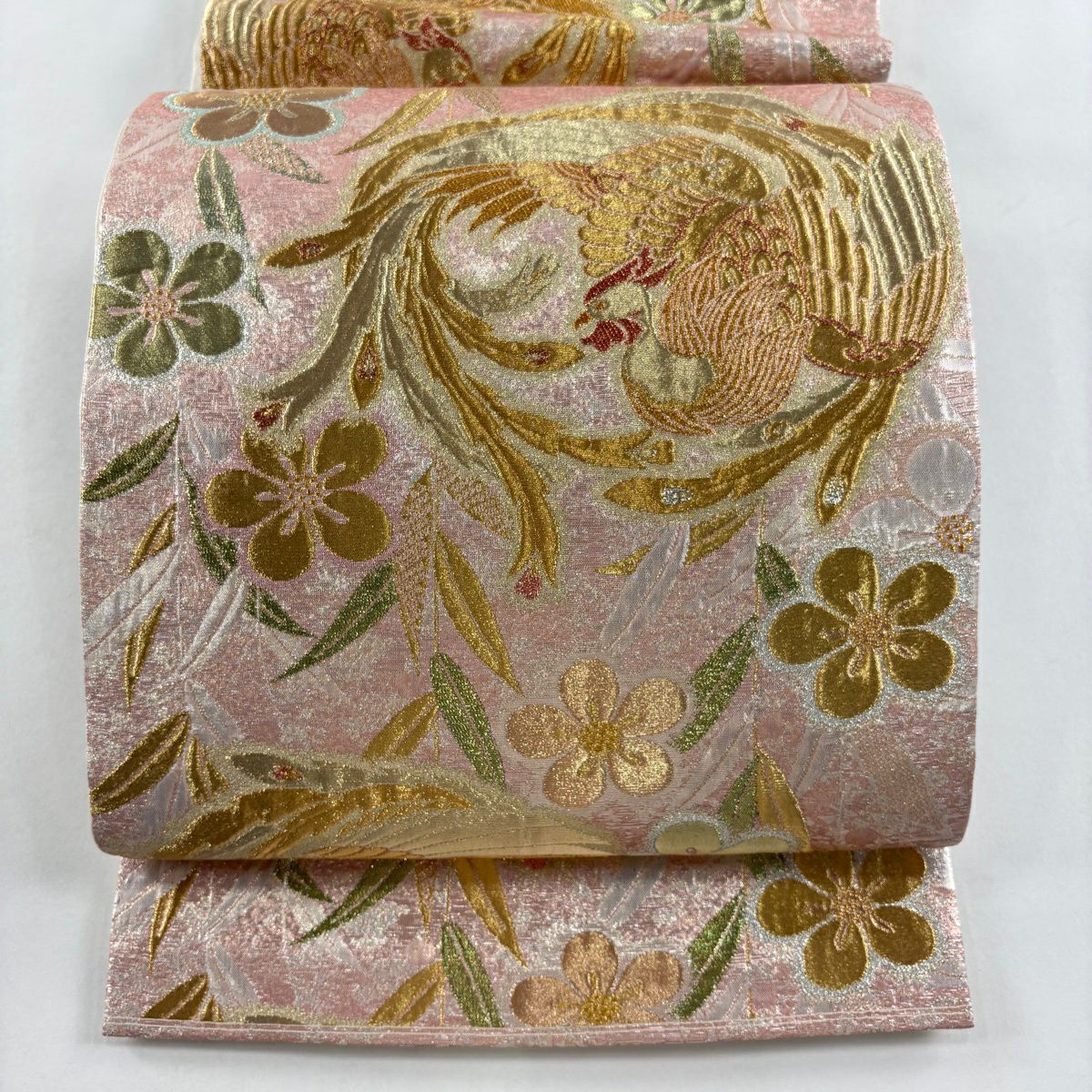 【美品】 袋帶 秀品級 鳳凰 草花紋紋 金金箔 粉紅 六通 純蠶絲