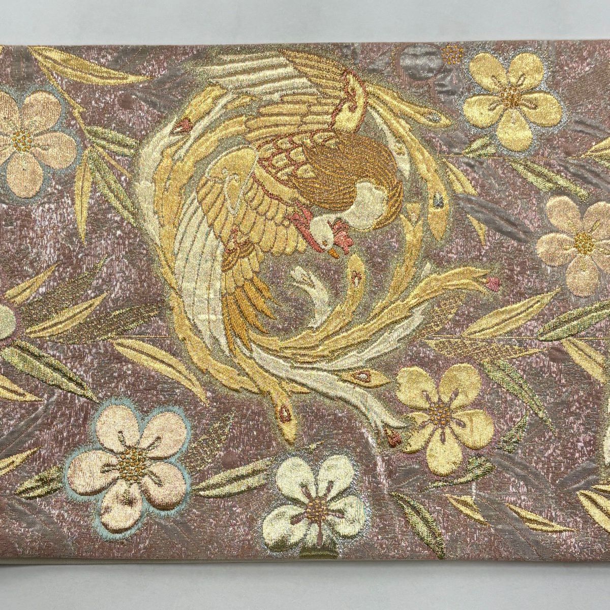 【美品】 袋帶 秀品級 鳳凰 草花紋紋 金金箔 粉紅 六通 純蠶絲