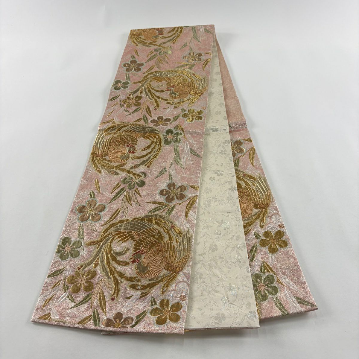 【美品】 袋帶 秀品級 鳳凰 草花紋紋 金金箔 粉紅 六通 純蠶絲